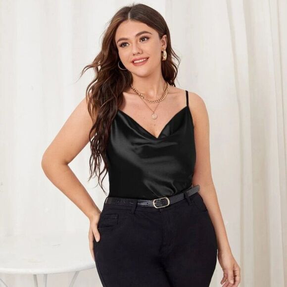 SHEIN Tops - Women's Black Draped Neck Satin Cami Top - 1X